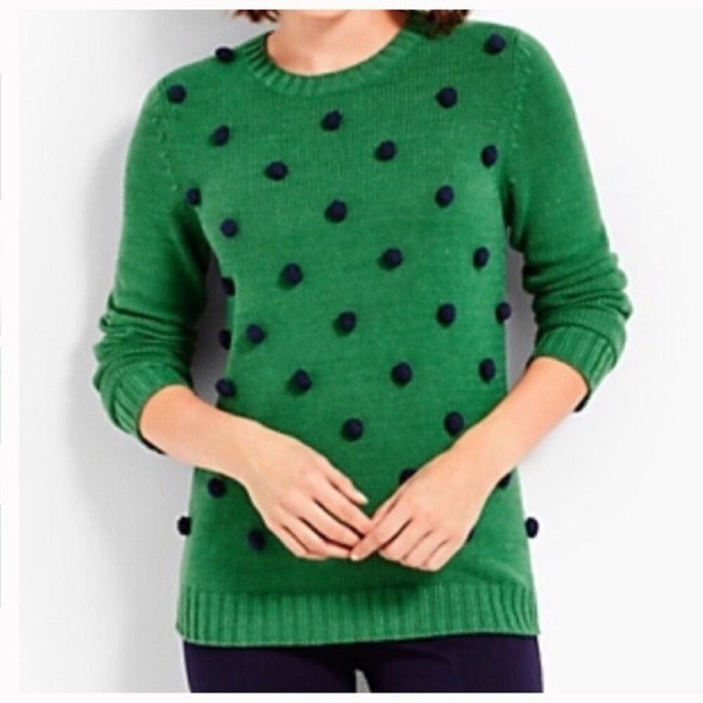Talbots Pom Pom Polka Dot Sweater Women Size 2XP Green Blue Classic Preppy Plus
